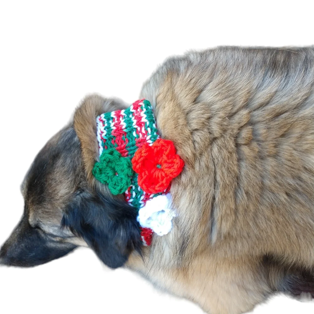 Pet Dog Collar Cover Hand Crafted Large Christmas Red White Green Accessory